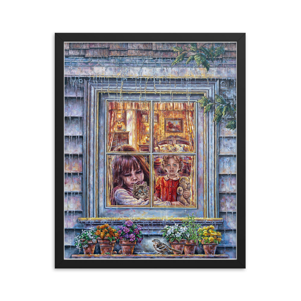 Framed photo paper poster: Rain Rain Go Away